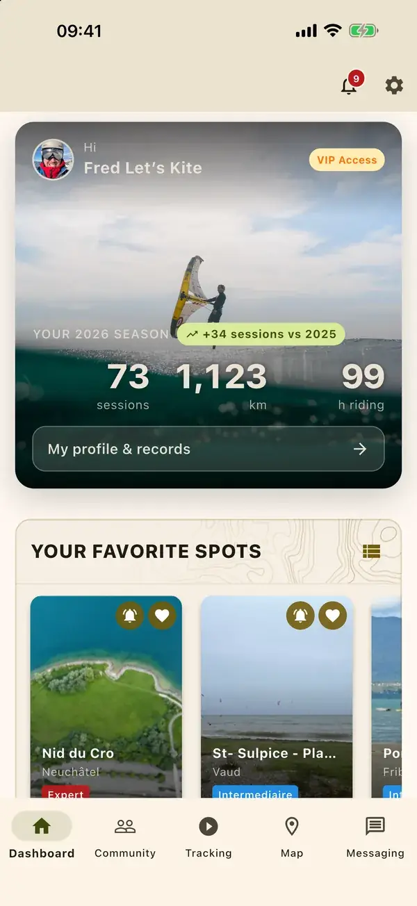 The dashboard: your season in numbers and your favourite spots.