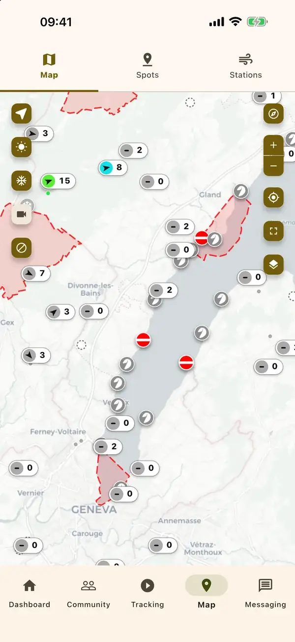The map of spots, stations and no-go zones.