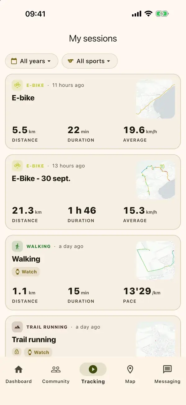 My Sessions, filtered by year and by sport.