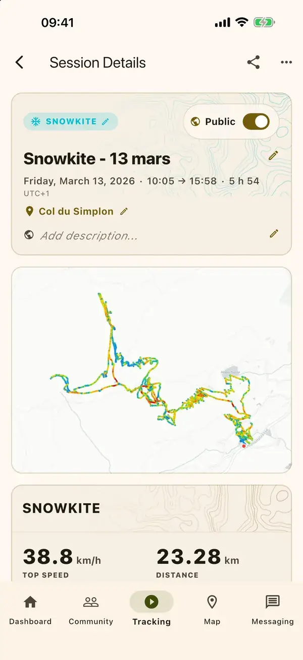 A snowkite session and its track coloured by speed.