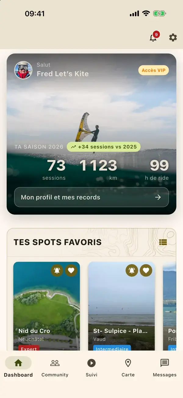 Le tableau de bord : ta saison en chiffres et tes spots favoris.