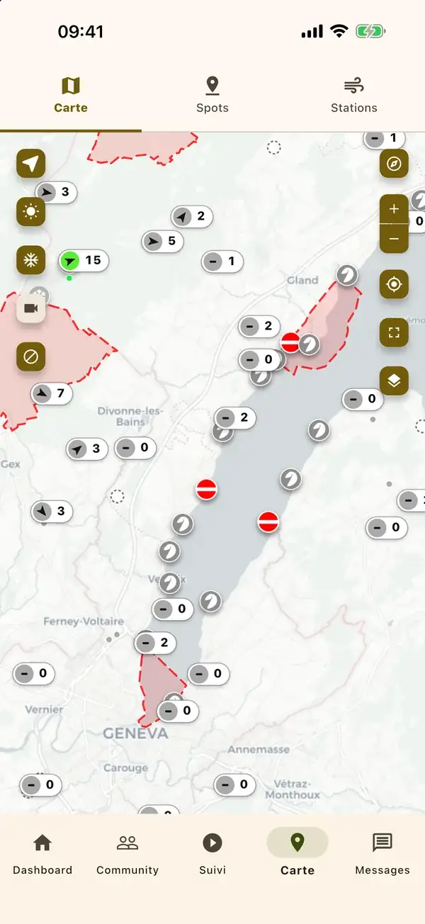 La carte des spots, des stations et des zones interdites.