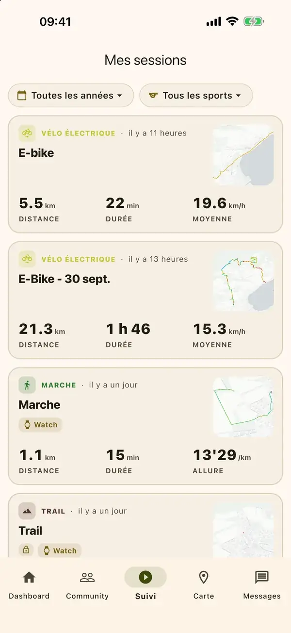 Mes sessions, filtrées par année et par sport.