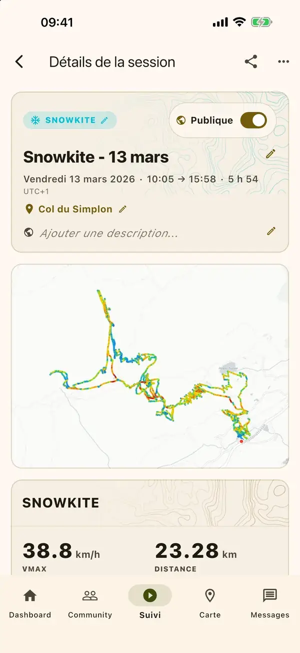Une session de snowkite et sa trace colorée selon la vitesse.