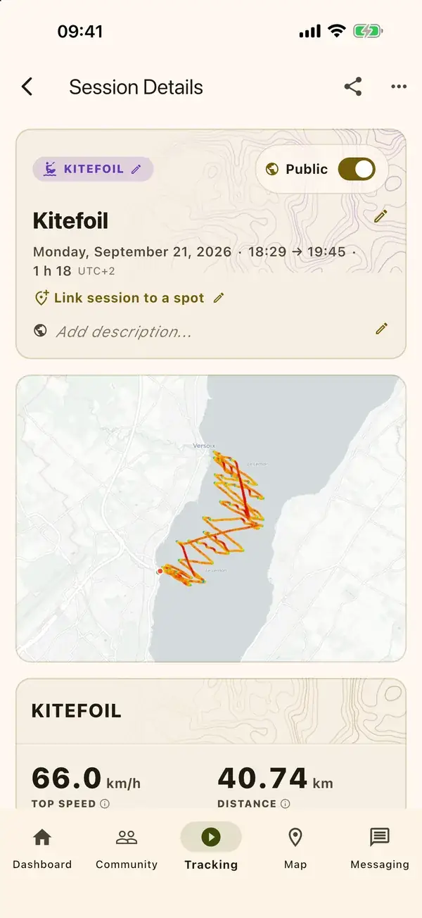A kitefoil session page, with its track.