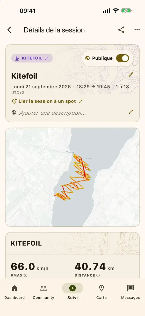 La fiche d'une session de kitefoil, avec sa trace.